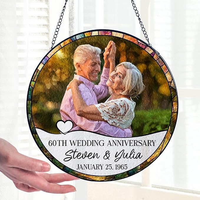 Personalized Wedding Anniversary Photo Stained Glass Window Hanging Suncatcher - Heartfelt Gift for Parents, Grandparents, Old Couple - Custom Message, Name, Date (Wedding Anniversary)