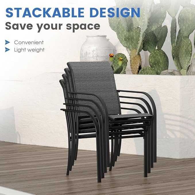 VICLLAX 5 Pieces Patio Dining Set for 4, Outdoor Furniture Set Includes 40.7" Round Patio Table and 4 Patio Stackable Chairs, Grey Wood Grain Tabletop and Grey Fabric