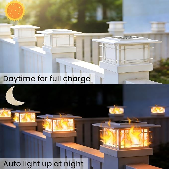 Dynaming 6 Pack Solar Post Cap Lights Outdoor with Flickering Flame Light, White Shell Fence Post Solar Lights Fit 4x4 5x5 Vinyl/Wooden Posts, Brightness LED Lighting Decor for Garden Deck Patio