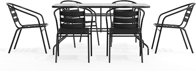 Flash Furniture Lila 7-Piece Glass Patio Table and Chairs Set, Outdoor Patio Dining Set with Rectangular Table and 6 Slat Back Patio Chairs, Black | Umbrella Hole, 55 in Tempered Glass, Aluminum Slat Back Stack Chairs