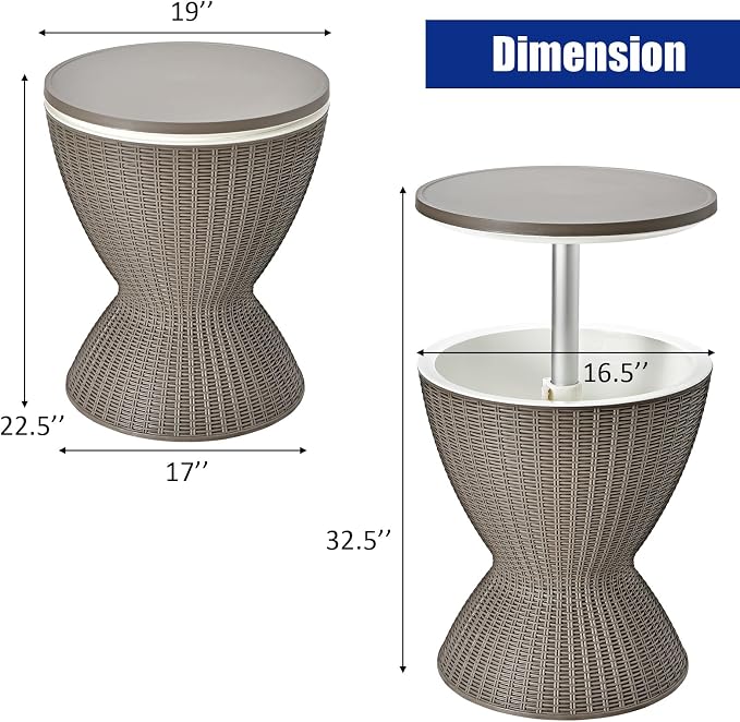 S AFSTAR Cool Bar Table, 8 Gallon Rattan Patio Bar Cooler with Ice Bucket & Height Adjustable Tabletop, Beer & Wine Cooler, Outdoor Indoor Cocktail Coffee Table for Patio Party Pool Deck (Brown)