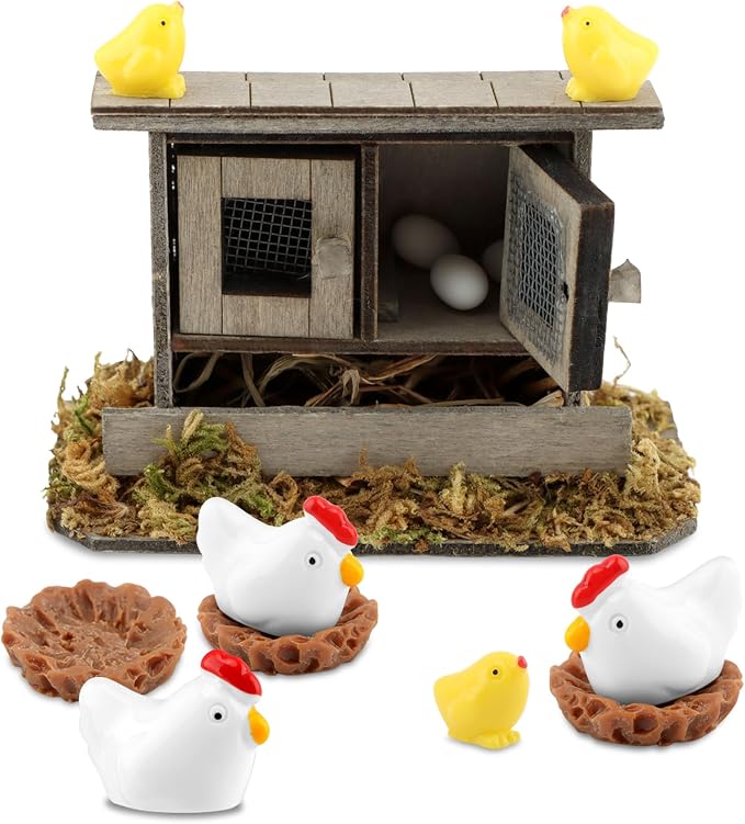 Fairy Garden Mini Chicken Coop Decor, 13-Piece Farm Scene Set | Includes 1 wood coop 3 hens 3 chicks 3 eggs 3 nests, doors open and close, store pieces together to avoid loss