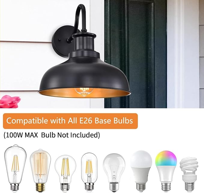 Outdoor Barn Lights, Farmhouse Outdoor Wall Sconces, Rustic Exterior Wall Mount Lights, Vintage Outside Lighting Fixtures, Industrial Black Gold Lanterns for Porch Garage Patio, 4 Pack
