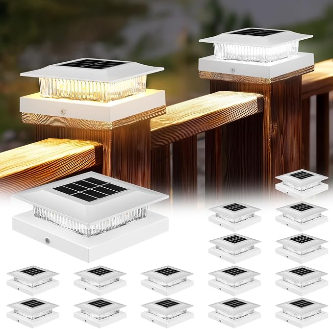16 Pack Solar Post Cap Lights 4x4, Dual-Color Waterproof Fence Post Solar Lights, Fits 4x4 Vinyl or 3.5x3.5 Wood Posts, Dusk to Dawn Outdoor Lighting for Deck, Garden & Porch Decor, White