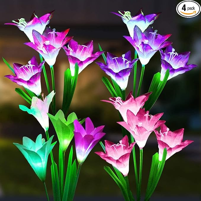 SOLARBABY Solar Lights Outdoor - Lily Flower Solar Garden Lights, 4 Pack Lights Outdoor Waterproof Multicolor Changing LED Flower with Bigger Lily for Patio Yard Pathway Balcony Outdoor Décor