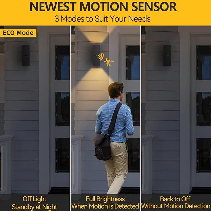 SHIMR Motion Sensor Outdoor Wall Lights, Up and Down Sconce, ETL Listed | Dusk to Dawn Outdoor Lighting, Black Waterproof Aluminum Exterior Light Fixture for Porch Garage Patio, LED Bulbs Included