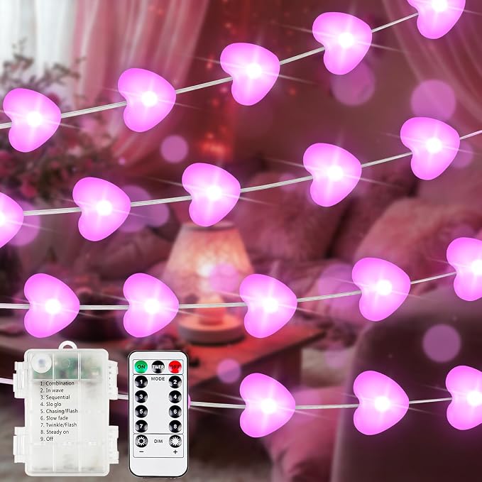 Pink Heart Fairy Lights Battery Operated 30 LED String lights Valentines | Remote Control, 8 Modes, Timer, Adjustable brightness, Waterproof Lights for Indoor Outdoor Classroom Christmas Decor