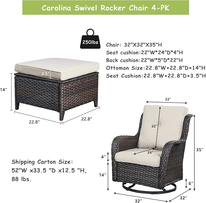 Rilyson Luxury 4 Pieces Patio Wicker Furniture Set, Outdoor Rattan Bistro Set with Rocking Swivel Chair, Ottoman and Thickened Cushions (Brown/Beige)