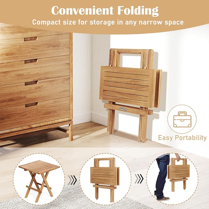 RELAX4LIFE Folding Outdoor Side Table - Set of 2 Teak Wood End Table, Square Coffee Bistro Table w/Slatted Tabletop, Portable Picnic Camp Table for Poolside Porch Garden, Foldable Small Patio Table