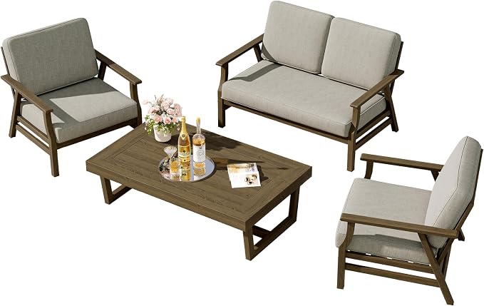 4 Pieces Patio Furniture Sets, Teak Wood Outdoor Sectional Furniture with Coffee Table, 4 Seats Patio Sofa Couch Conversation Set for Backyard Deck - Light Camel
