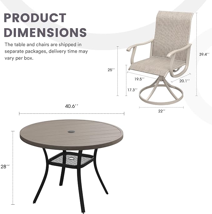 5 Pieces Patio Furniture Dining Set, 4 Textilene Swivel Dining Chairs, 41" Outdoor Round Metal Table with Storage Shelf and 1.57" Umbrella Hole, Outdoor Dining Set for Porch, Lawn, Grey/Sand