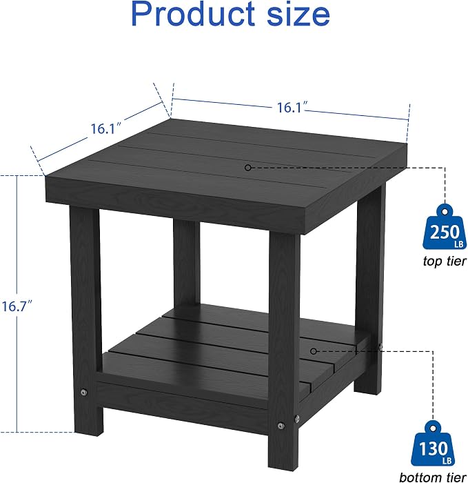 2-Tier HDPE Outdoor Square Side Table, Heavy-Duty Patio Side Table with Storage Shelf, Weather-Resistant Adirondack End Tables for Backyard, Pool, Porch, Garden, Lawn, Black