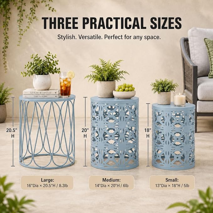 Y&M Outdoor Side Tables Set of 3, Metal Stacking Patio Side Tables for Outside, Round Indoor End Tables, Decorative Garden Stool Plant Stand for Patio Garden Balcony Porch, Light Blue