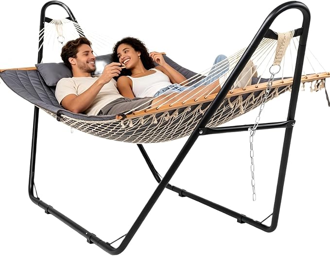 Double Hammock with Stand Adjustable Hammock Set for 2 Person Holds 550lbs, Include Dual-Spreader Bar, Pillow, Easy Setup, Free Standing hammocks for Outside, Patio, Yard, Garden (Grey)