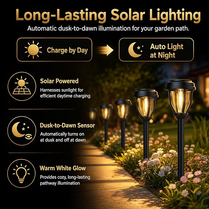 DERAYSION 12 Pack Solar Lights Outdoor, Solar Pathway Lights Auto On/Off Waterproof Garden Landscape Lighting for Path, Yard, Walkway, Driveway Decor
