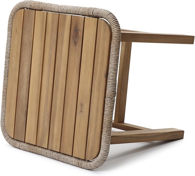 LuxenHome 17.5" Outdoor Side Table, Acacia Wood Patio End Table with Woven Wicker Trim, Small Outdoor Accent Tables for Patio, Balcony, Garden
