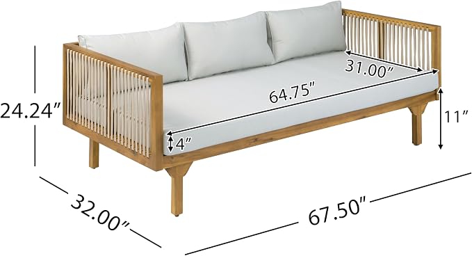 Christopher Knight Home Clarie Patio Sofa and Coffee Table Set, 2 Piece Outdoor Patio Furniture Set with Cushion, Acacia Wood 3 Seater Outdoor Sofa Daybed and Coffee Table Set, Light Gray+Teak
