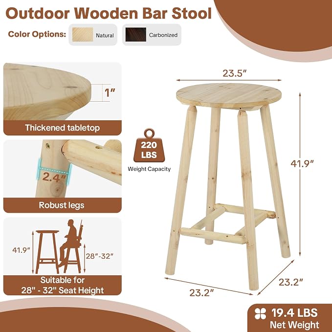 HOMEDIARY Outdoor Solid Wood Bar Table, 41.9” Round Log Patio Bar Counter Height Table, Rustic Adirondack High Top Bar Table, Heavy Duty Bistro Pub Table for Backyard, Deck & Indoor Use, Natural