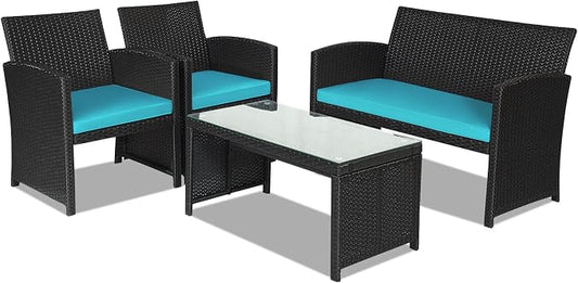DORTALA 4 Pieces Patio Wicker Conversation Furniture Set, Outdoor Rattan Sofas with Bistro Sets with Coffee Table for Courtyard Balcony Wicker Chairs with Soft Cushion and Table, Turquoise