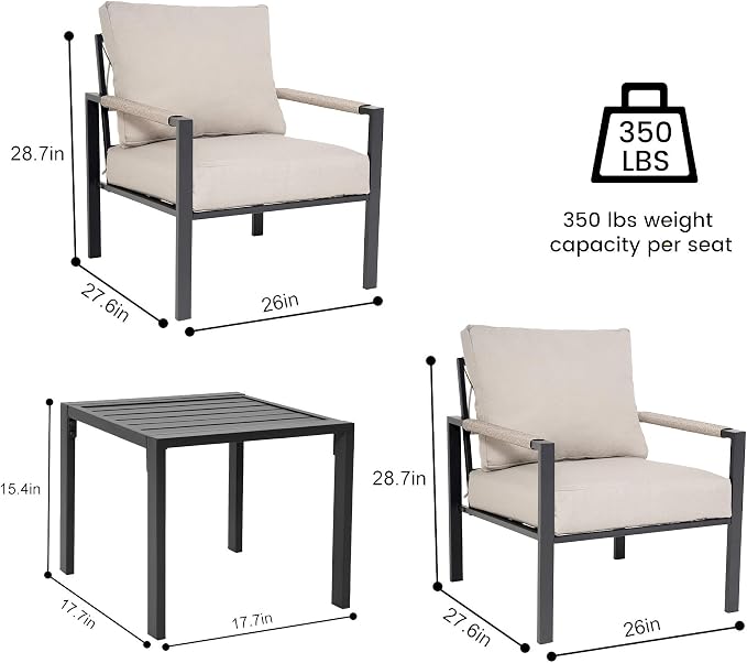 Sundale Outdoor 3 Pieces Patio Rattan Furniture Set, All-weather Metal Outdoor Conversation Set with 6 Inch Cushions and Coffee Table, Outdoor Sofa Set for Garden, Backyard, Porch, Balcony, Light Grey