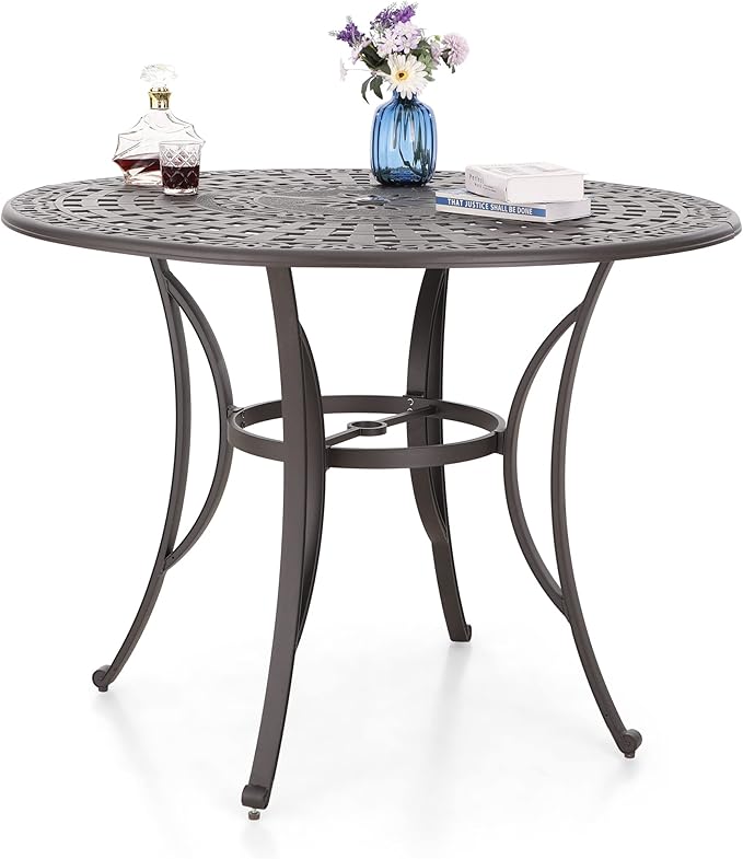 MFSTUDIO Cast Aluminum 54" Outdoor Bar Height Table, Round Patio Dining Table, Metal Patio Bistro Table with Umbrella Hole, Retro Design Outdoor Dining Table for 4-6