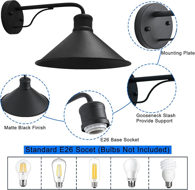 3 Pack Outdoor Wall Lights Wall Mount for House Front Porch Wall Light Fixtures Matte Black Farmhouse Wall Sconce, Classic Barn Lights Outdoor & Indoor-E26 Socket