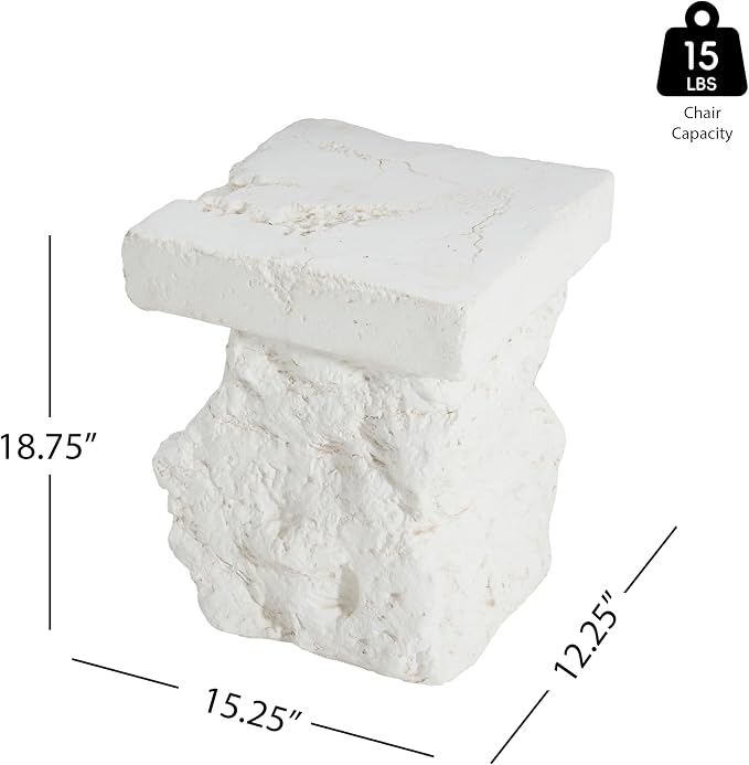 Christopher Knight Home Nataly 18.75" H Small Outdoor Side Table, Carved Garden Stool with Stone Block Shape, Lightweight Concrete End Table, Patio Decorative Home Stool for Balcony Backyard, White