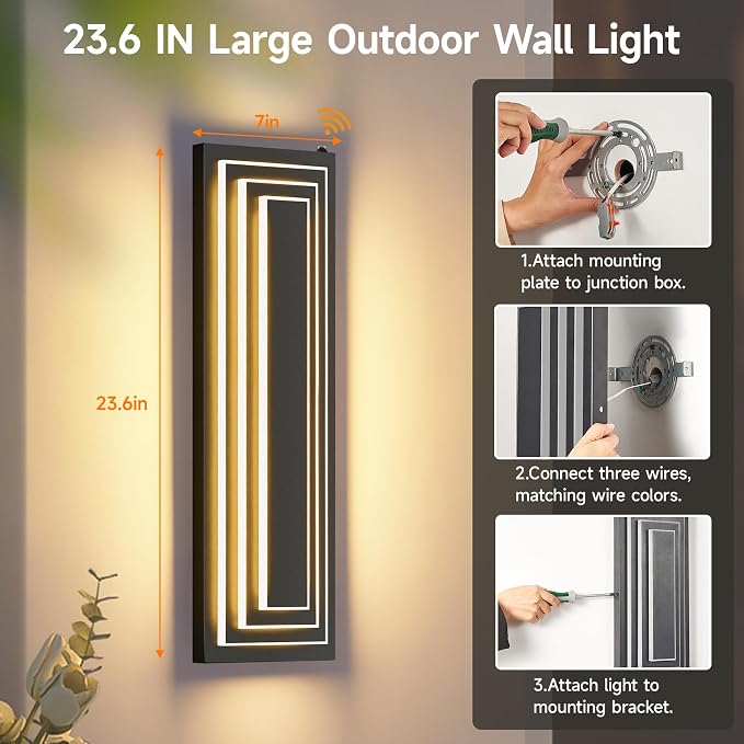 Dusk to Dawn LED Long Outdoor Wall Light Fixtures,23.6 in,36W | 3-Tier Black Modern Outdoor Lighting For House,Front Porch,Waterproof Outside Garage Light,3000K Warm White, 1 Pack