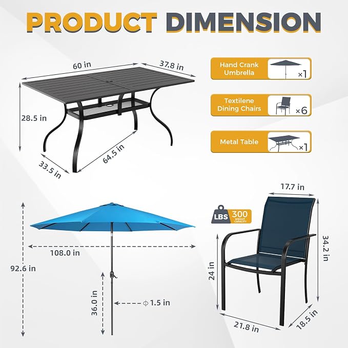 Crownland 7 Piece Patio Dining Set, Outdoor Textilene Dining Sets, 6 Textilene Metal Chairs and Rectangular Outdoor Dining Table with Sky Blue 9FT Round Outdoor Umbrella (Blue)