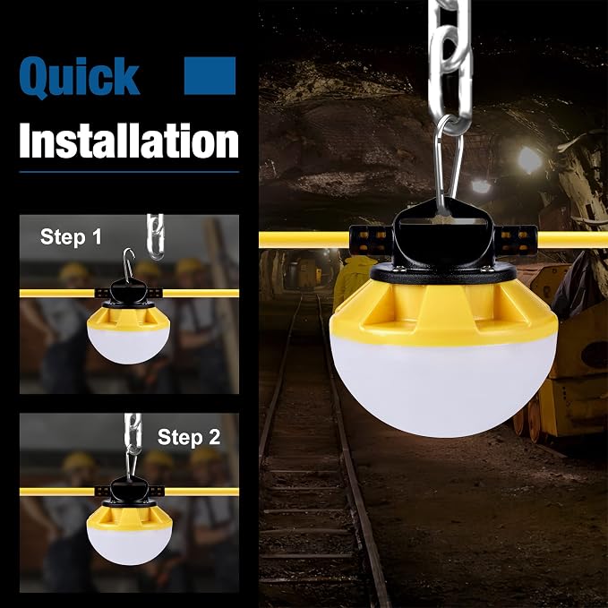 LED Construction String Light 50FT, 50W 6000Lm,18AWG Wire,5000K Linkable String Work Lights with 5 Bulbs & Hooks, Industrial Temporary Lighting for Construction Site, Crawl Space,Job Site,Attic