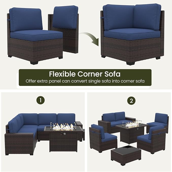 LayinSun 7 Pieces Outdoor Patio Furniture Set with 44" Fire Pit Table Brown Rattan Sectional Sofa Conversation Sets