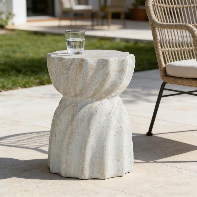 Stone Side Table,Round Faux Marble Side Table,Modern Small Stone End Table for Balcony (White-13.8"-9)