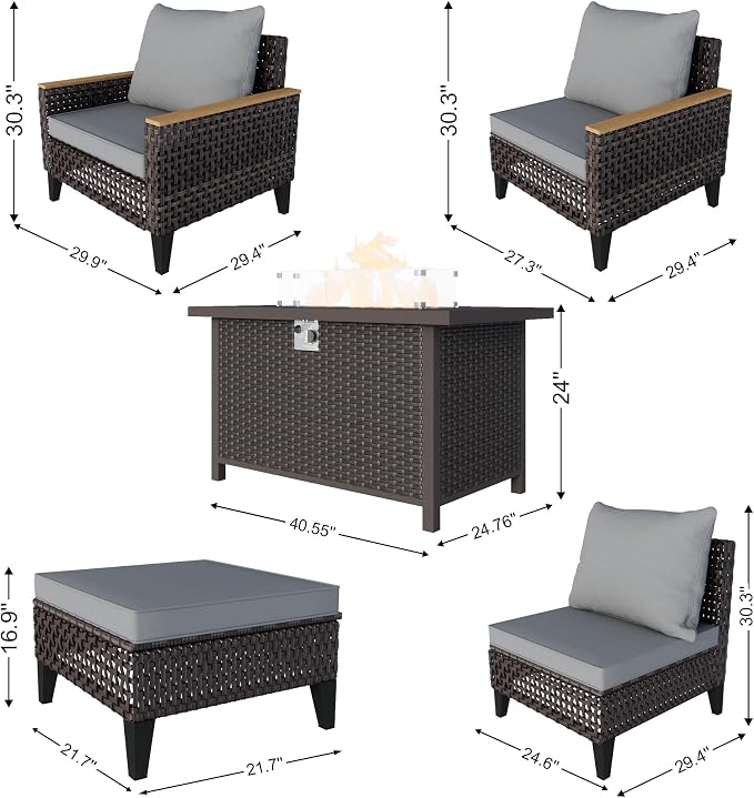 8 Pieces Patio Conversation Sets, Outdoor Furniture Set with Fire Pit Table, Wicker Rattan Sectional Modular Sofa Seating Set for Porch, Poolside, Deck, Balcony, Backyard, Yard, Garden (Gray Cushions)