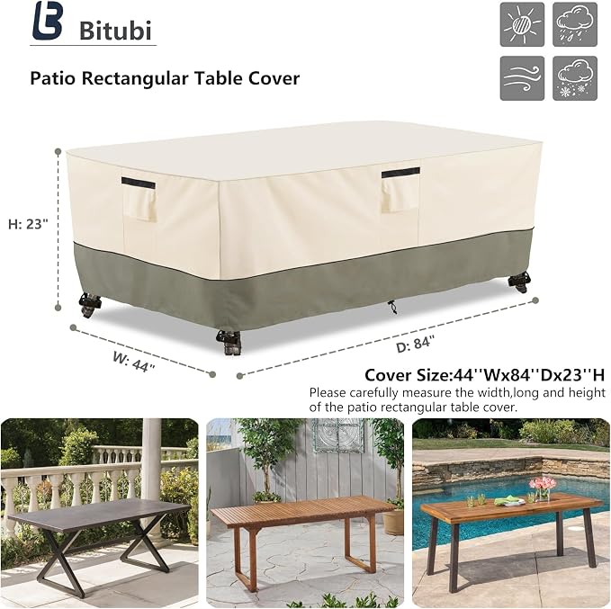 Bitubi 84 Inch Rectangular/Oval Patio Table Cover,Heavy Duty Waterproof Outdoor Table Cover Winter, Patio Furniture Covers, Beige