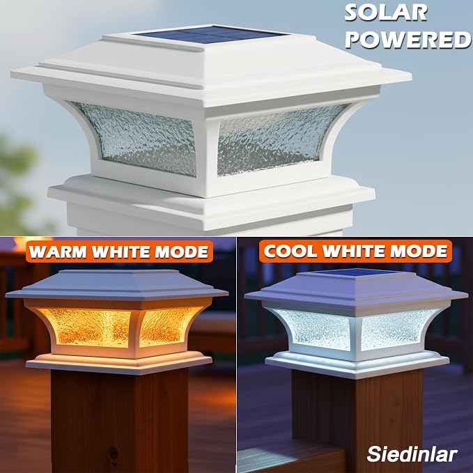 SIEDiNLAR Solar Post Cap Lights Outdoor Glass LED Fence Deck Light 2 Modes for 4x4 5x5 6x6 Vinyl Wooden Posts Patio Garden Decoration Warm White/Cool White Lighting White (6 Pack)