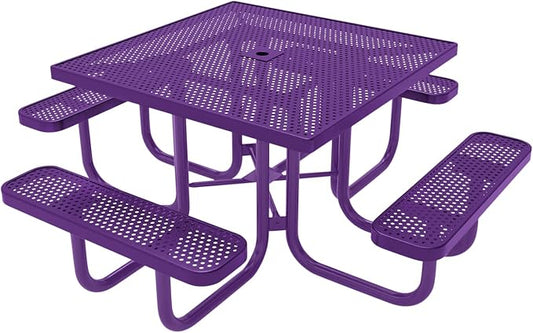 COATEDOUTDOORFURNITURE Heavy-Duty Portable Outdoor Picnic Table with Umbrella Hole, Punched Steel Commercial-Grade Patio Furniture Made in America (46" Square Top, Purple with Purple Frames)