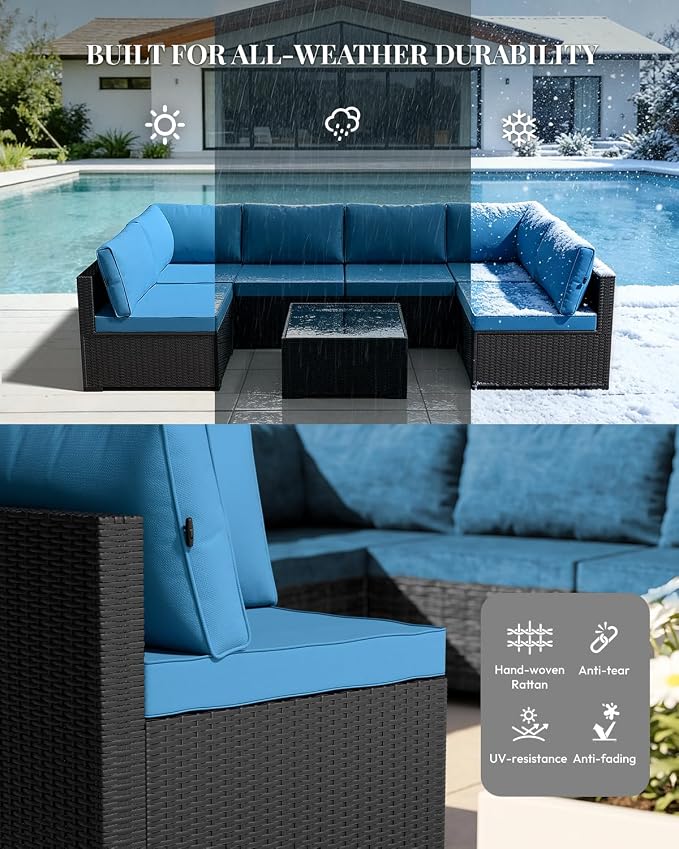 WWR Patio Furniture Set 7 Piece - All-Weather - Wicker Rattan Patio Outdoor Conversation Set, Modular Sectional Sofa for Backyard, Garden, Poolside, Balcony, Porch, Patio, Black/Navy Blue