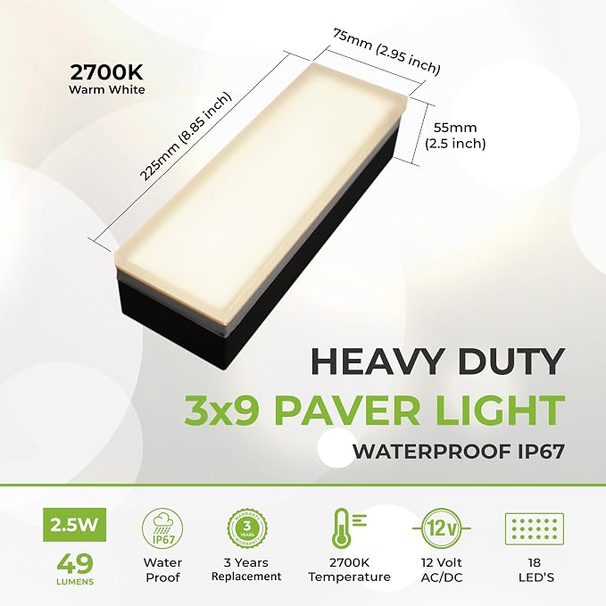 LUMENGY Paver Light 3x9 Inch (2.95x8.85), 2700K Warm White, Glare-Free Brick Lighting for Driveways, Walkways, Pool Decks and Patios, 12V Hardwired, IP67 Waterproof, Drive-Over Rated