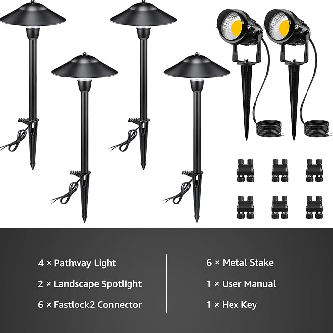 SUNVIE LED Low Voltage Landscape Lighting 12-24V Landscape Lighting Kit with Connectors Aluminum Pathway Lights Wired with Spotlights 3000K Outdoor Pathway Lights Low Voltage for Yard Garden, 6 Pack