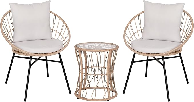 EMMA + OLIVER Ari 3 Piece Boho Patio Set - Tan Finish Faux Rattan Rope Chairs - Light Gray Removable Cushions - Tempered Glass Top Side Table - Indoor/Outdoor