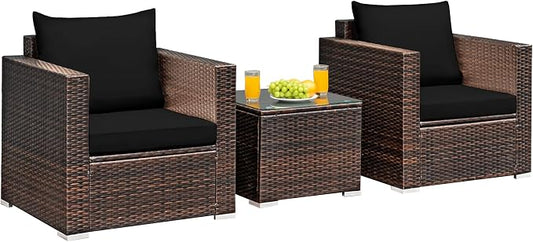 Tangkula 3 Pieces Patio Furniture Set, Outdoor Conversation Rattan Furniture Set w/Washable Cushion and Tempered Glass Tabletop, PE Rattan Wicker Sofa Set for Garden Poolside Balcony