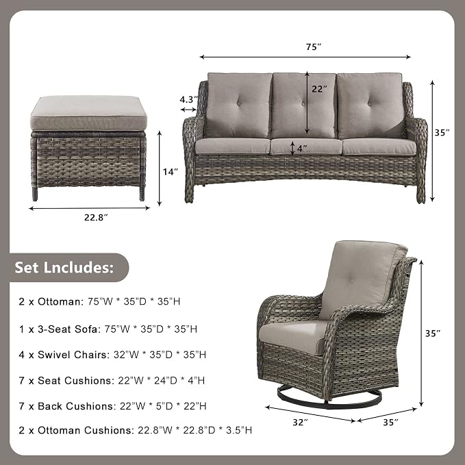 Rilyson Wicker Patio Furniture Set - 7 Piece Rattan Outdoor Sectional Conversation Sets with 4 Swivel Rocking Chairs,2 Ottomans and 1 Sofa for Porch Deck Garden(Mixed Grey/Grey)