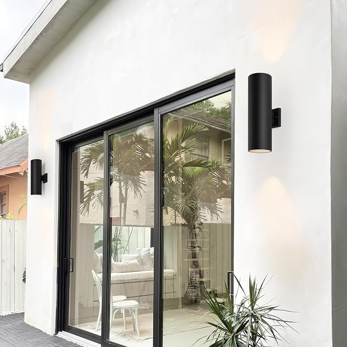 mirrea 18" Modern Outdoor Porch Light in 2 Lights, Matte Black, 2 Pack | Aluminum cylinder exterior fixtures, tempered glass cover, waterproof wall sconce & patio light for outdoor use.