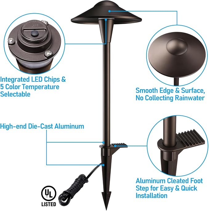 LEONLITE 6-Pack 5CCT Low Voltage LED Pathway Lights, Saucer Head | 12-24V AC/DC, IP65, Landscape Path Lights, for Walkway Yard Garden, 1800/2700/3000/4000/5000K, Oil Rubbed Bronze, Aluminum