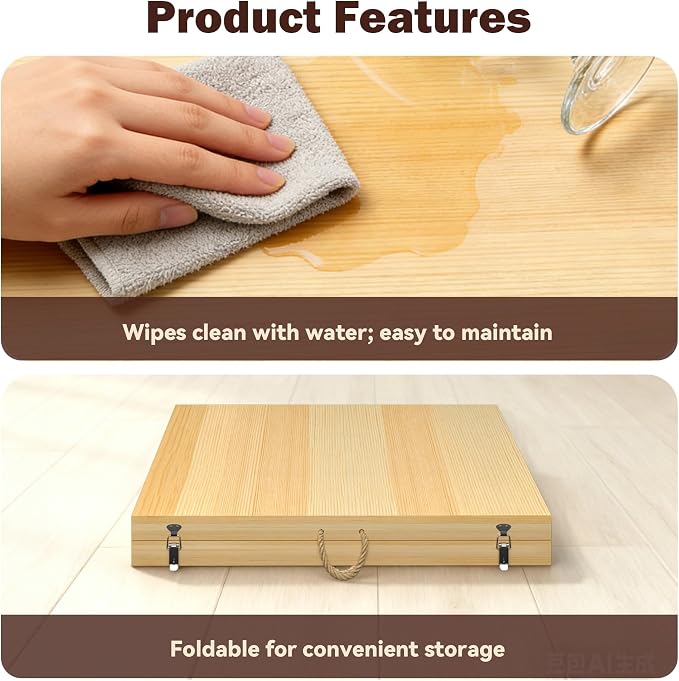 MELLCOM 60" x 30" Folding Picnic Table, Portable Wooden Low Table with Handle, 2 Heights Options (12.8"/16.9") & Long Table Runner, Boho Picnic Table for Beach, Camping & Indoor Study