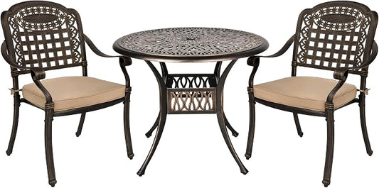 Grepatio 3 Piece Bistro Set Outdoor Cast Aluminum Patio Dining Set Table and Chairs Outside Bistro Furniture 2 Mesh Dining Chairs with Khaki Cushion and 1 Umbrella Table for Lawn Garden
