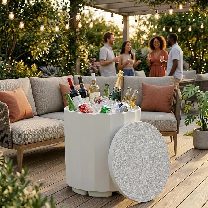 Zapdos 3-in-1 Outdoor Cooler Side Table, Dense Fluted Design, 330lbs Capacity Patio Ice Bucket