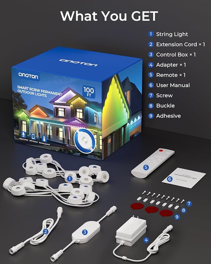 CINOTON Permanent Outdoor Lights 100ft, Smart RGBW+IC Eaves Lights with 60LEDs, IP67 Waterproof, 111 Scene Modes for Daily and Festival, Halloween Christmas Holiday Decor, APP/Voice/Remote Control