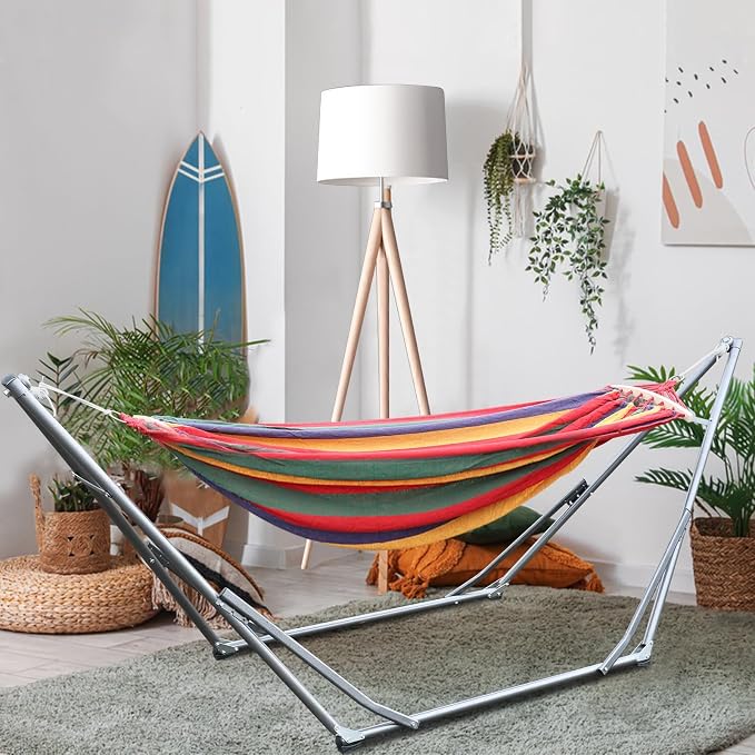HEVIRGO Hammock with Stand,Indoor Hammock Stand with Strong Load-Bearing,Double Hammock with Space Saving Metal Stand,Portable Hammock with Dual-bar Design for Backyard,Camping,Garden Red