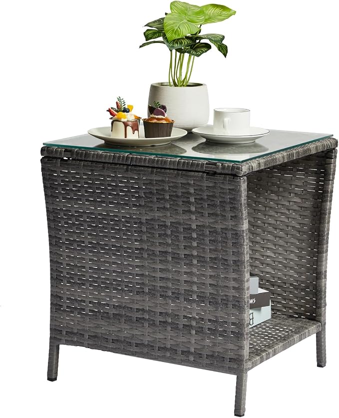 Outdoor Patio Wicker Side Table, Square End Side Table Bistro Coffee Table with Glass Top Storage Shelf for Porch Garden Backyard, Grey